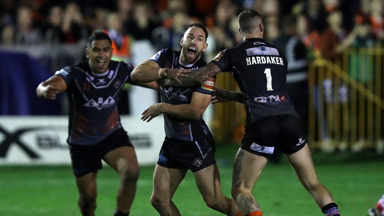 Castleford Tigers' Luke Gale celebrates kicking winning golden-point drop goal during the Betfred Super League Semi-Final match at the Mend-A-Hose Jungle