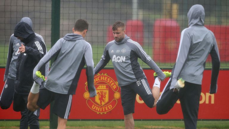 Luke Shaw during first team training at Manchester United's Aon Training Complex