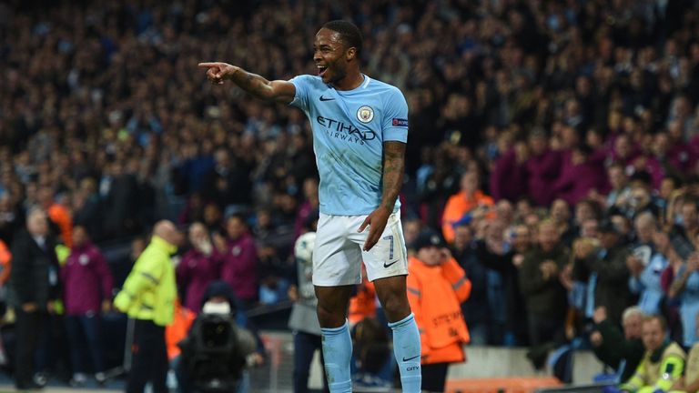 Manchester City's English midfielder Raheem Sterling celebrates scoring his team's second goal