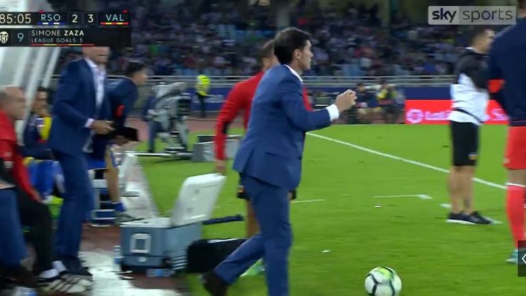 Valencia's manager, Marcelino, injured himself celebrating Simone Zaza's late winner against Real Sociedad.