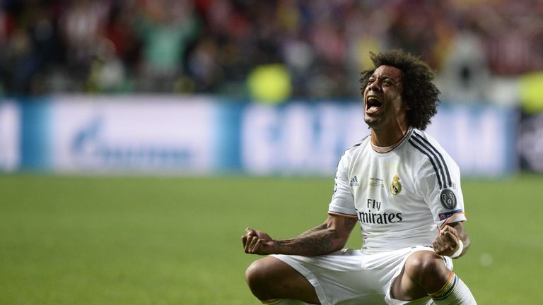 Marcelo celebrates after scoring in the Champions League final against Atletico Madrid in 2014