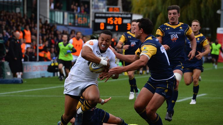 Marcus Watson charges in to score for Wasps