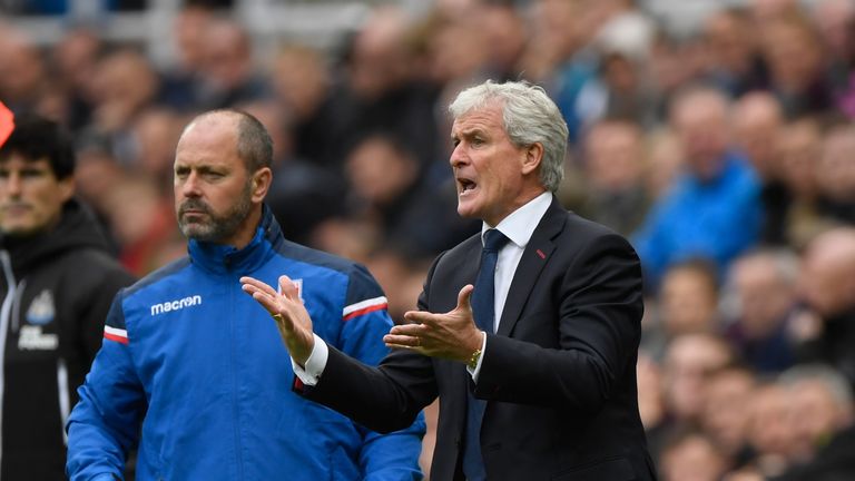 NEWCASTLE UPON TYNE, ENGLAND - SEPTEMBER 16:  Stoke manager Mark Hughes reacts during the Premier League match between Newcastle United and Stoke City at S