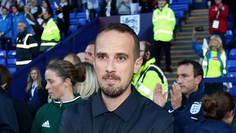 Mark Sampson during the FIFA Women's World Cup Qualifier between England and Russia