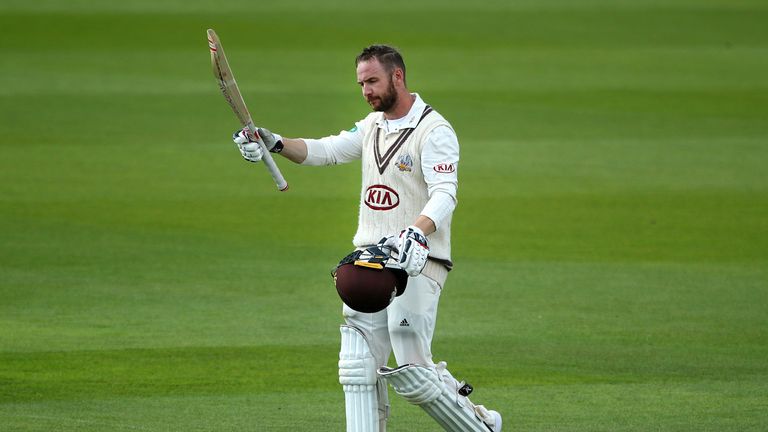 Surrey's Mark Stoneman celebrates his century during day one of the Specsavers County Championship Division One match against Yorkshire