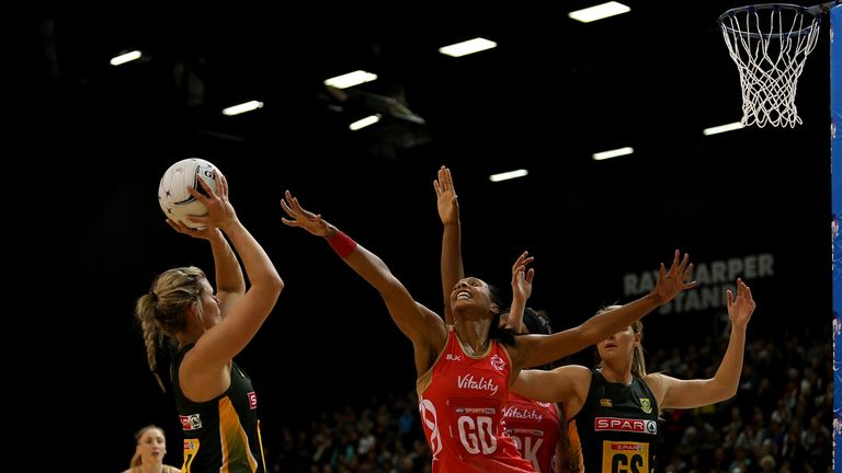 INVERCARGILL, NEW ZEALAND - SEPTEMBER 03:  Maryka Holtzhausen of South Africa attempts a shot at goal during the 2017 Quad Series match between the England