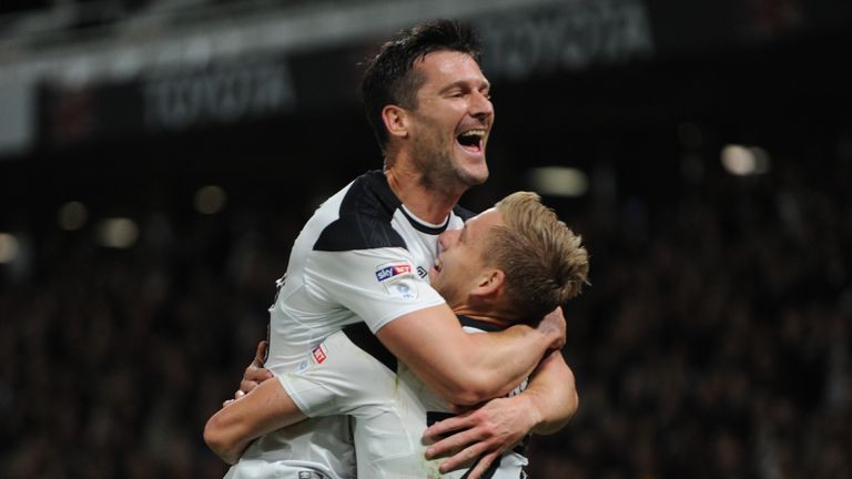 DERBY, ENGLAND - SEPTEMBER 08: Matej Vydra celebrates with David Nugent after he scores for Derby County during the Sky Bet Championship match between Derb
