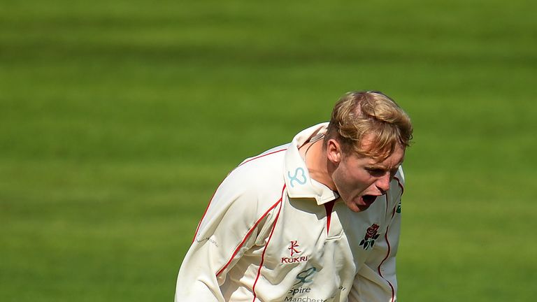Matthew Parkinson of Lancashire celebrates the wicket of Tom Abell of Somerset during Day One of the Specsavers County Championship