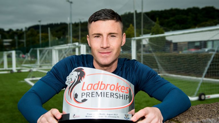 Michael O'Halloran receives the Ladbrokes Premiership Player of the Month award for August