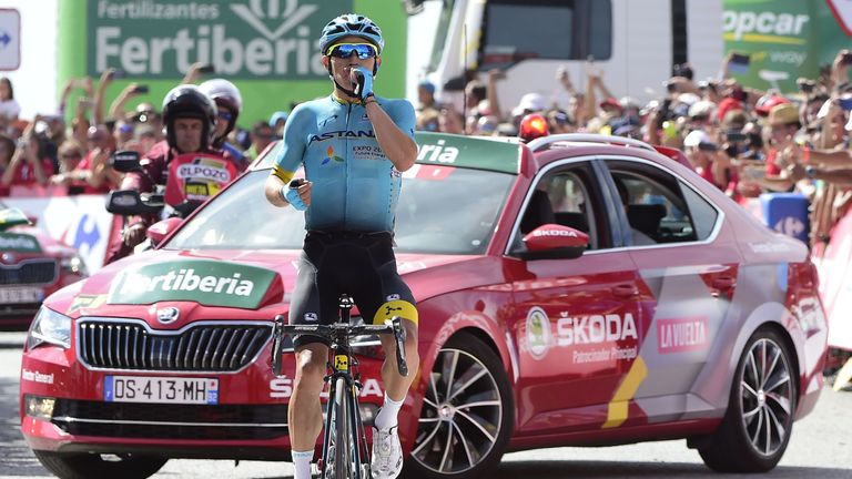 Miguel Angel Lopez Moreno crosses the finish line to win stage 15 of Vuelta a Espana