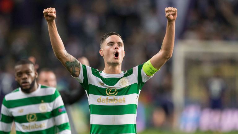  Celtic's Mikael Lustig celebrates at full time after their 3-0 win against Anderlecht in the Champions League.