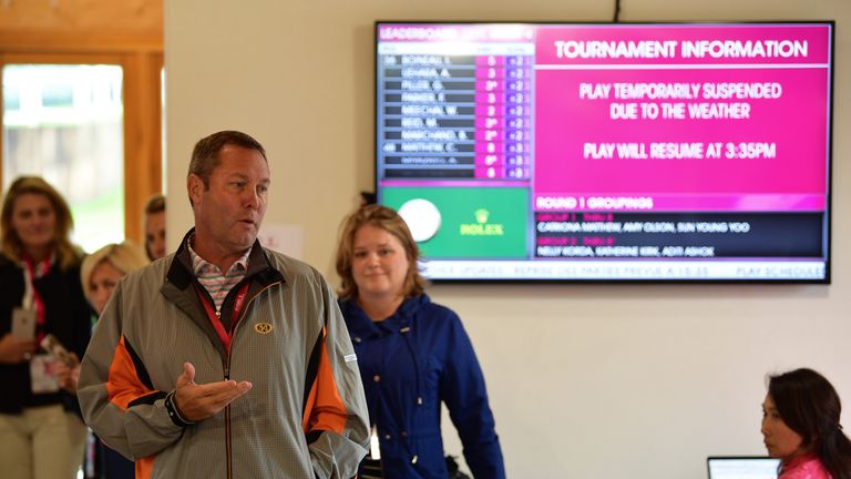 EVIAN-LES-BAINS, FRANCE - SEPTEMBER 14:  Mike Whan, LPGA Commisioner explains to the media that the scores today will be scrapped and the first round will 