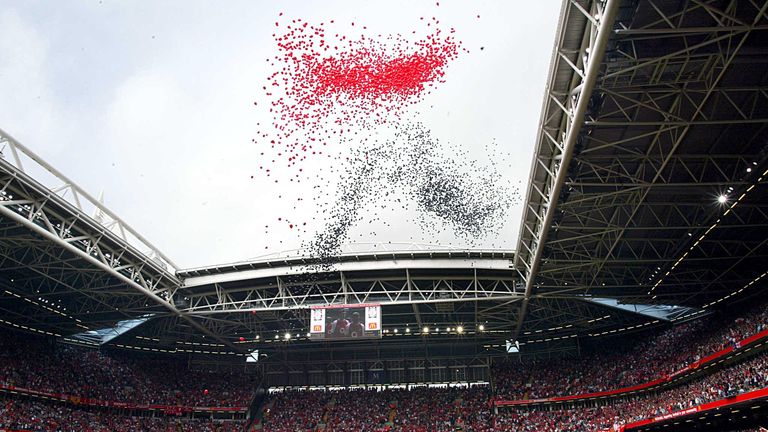 Ballons are released before kick-off of  the FA Community Shield match between Arsenal and Liverpool at the Millennium Stadium