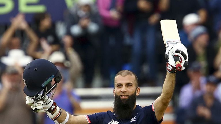 England's Moeen Ali gestures after reaching his century off 53 balls