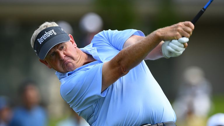 NARITA, JAPAN - SEPTEMBER 10:  Colin Montgomerie of Scotland hits his tee shot on the 1st hole during the final round of the Japan Airlines Championship at