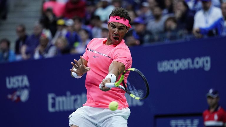 Spain's Rafael Nadal returns the ball to Argentina's Leonardo Mayer during their 2017 US Open Men's Singles match at the USTA Billie Jean King National Ten