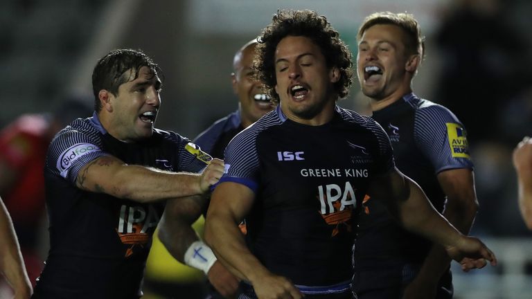NEWCASTLE UPON TYNE, ENGLAND - SEPTEMBER 01: Juan Pablo Socino of Newcastle Falcons celebrates after he scores his teams fourth try during the Aviva Premie