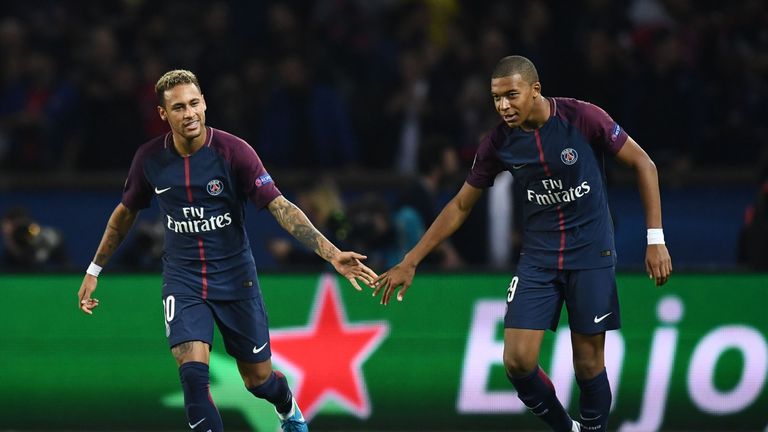 Paris Saint-Germain's Brazilian forward Neymar (L) celebrates with Paris Saint-Germain's French forward Kylian Mbappe after scoring a goal during the UEFA 