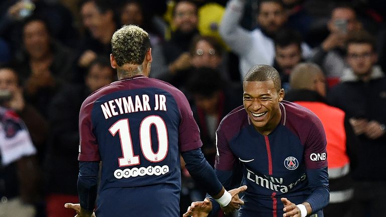 Kylian M'Bappe celebrates his goal with Neymar after scoring against Lyon