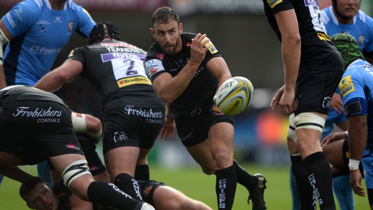 Nic White of Exeter Chiefs passes the ball from the ruck