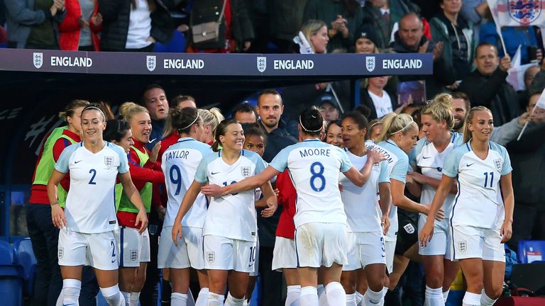 Nikita Parris and her team-mates celebrate with Mark Sampson after scoring the opening goal against Russia
