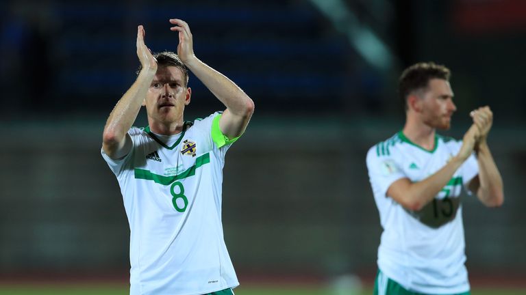 Northern Ireland captain Steven Davis applauds the fans after the 2018 FIFA World Cup Qualifying, Group C match at the San Marino Stadium, Serravalle