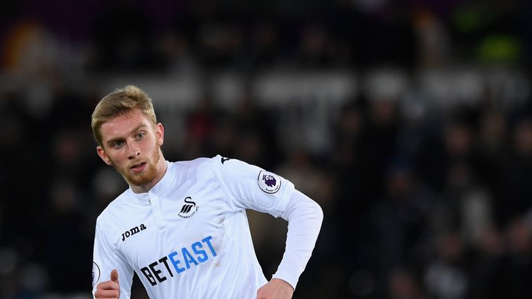 SWANSEA, WALES - JANUARY 14:  Swansea player Oli McBurnie in action during the Premier League match between Swansea City and Arsenal at Liberty Stadium on 