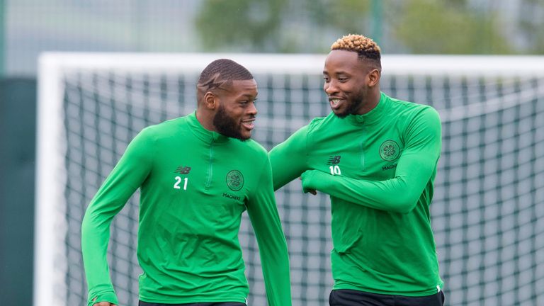 Celtic's Olivier Ntcham (left) and Moussa Dembele in good spirits at Lennoxtown