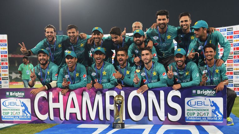 Pakistan celebrate their 2-1 series victory over a World XI in Lahore