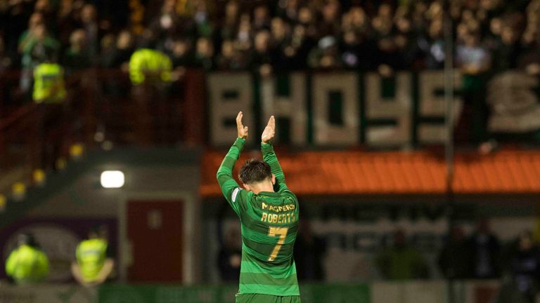 The returning Patrick Roberts applauds the fans as he's replaced