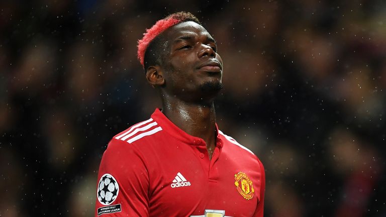 Paul Pogba of ManchesterUnited reacts to being forced off through injury during the UEFA Champions League Group A match