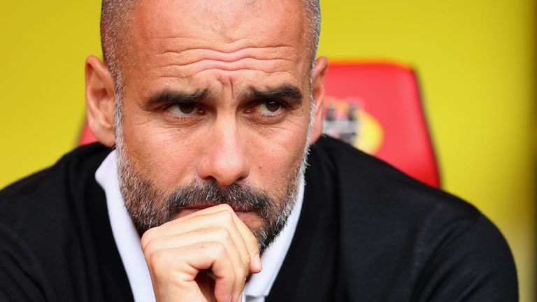 Pep Guardiola, manager of Manchester City, looks on prior to the Premier League match between Watford and Manchester City on Sep 16.