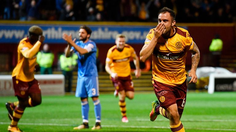 Peter Hartley celebrates his goal to make it 2-0 at Fir Park