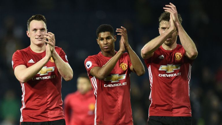 Manchester United's Phil Jones (L) and Marcus Rashford