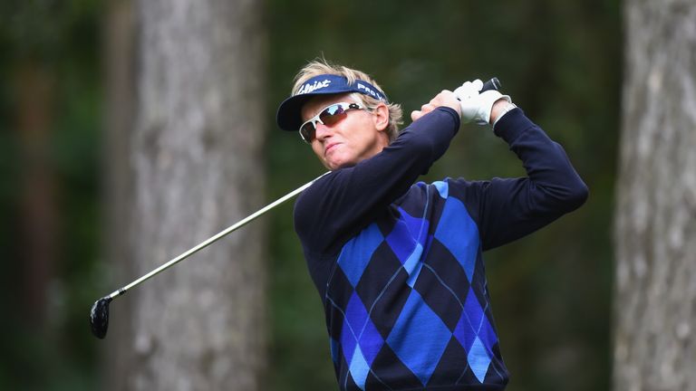 Philip Golding of England plays his first shot on the 2nd tee during the Travis Perkins Senior Masters at Woburn