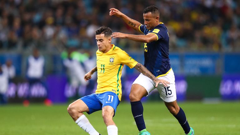 PORTO ALEGRE, BRAZIL - AUGUST 31: Philippe Coutinho (L) of Brazil struggles for the ball with Pedro Quinonez of Ecuador during a match between Brazil and E