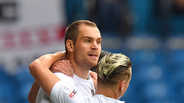 Leeds United's Pierre-Michel Lasogga celebrates after scoring his side's opening goal