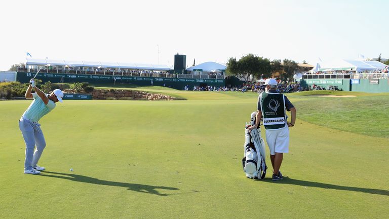 Lucas Bjerregaard of Denmark plays his second shot on the 18th hole during the third round of the Portugal Masters