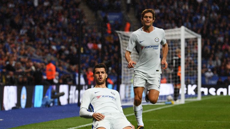 Alvaro Morata celebrates scoring his sides first goal during the Premier League match against Leicester City 