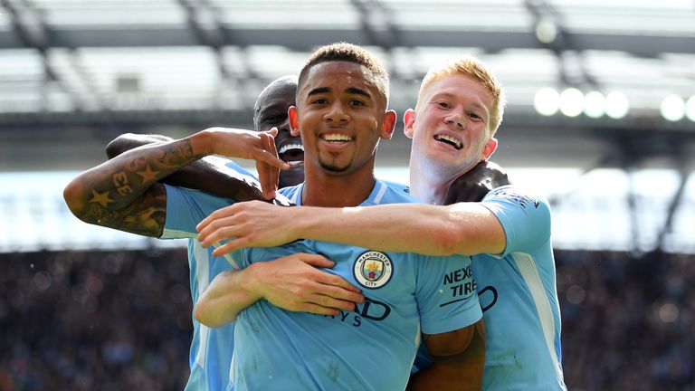 Gabriel Jesus celebrates scoring Manchester City's second goal with Kevin De Bruyne