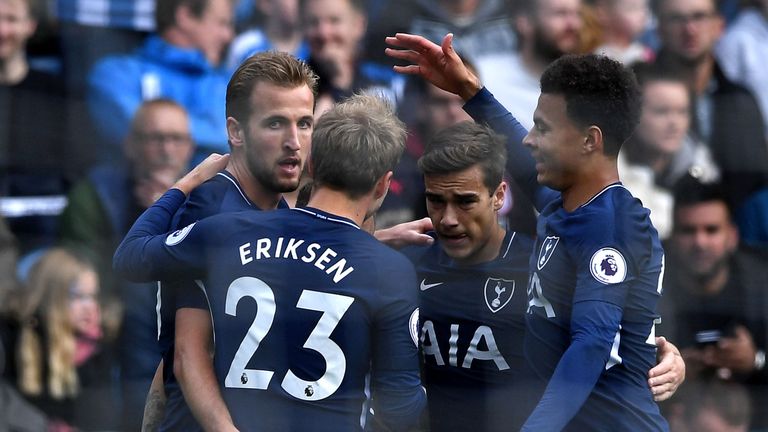 Harry Kane celebrates scoring his sides first goal with his Tottenham Hotspur team-mates
