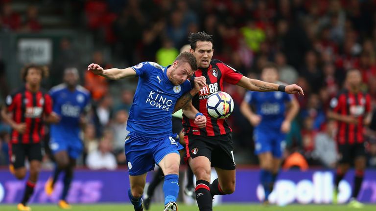 Jamie Vardy and Charlie Daniels chase a loose ball in the match at the Vitality Stadium