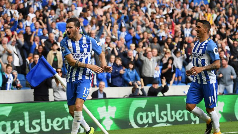 Pascal Gross celebrates scoring his and Brighton's second goal