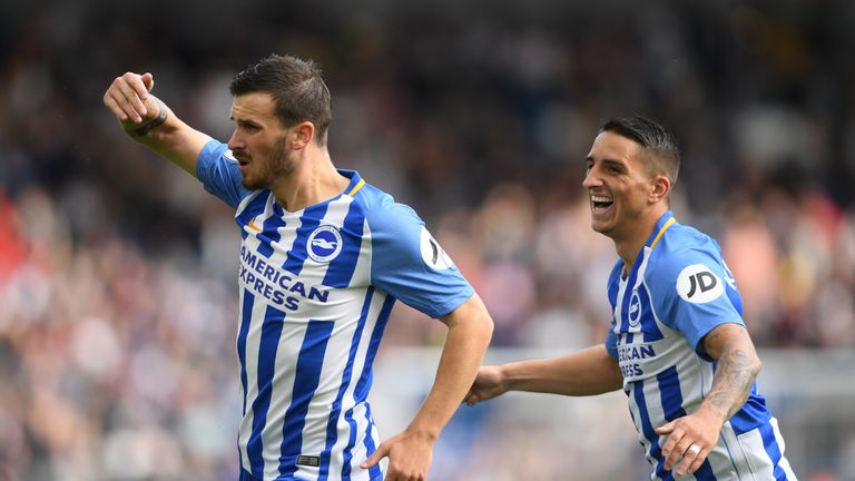 BRIGHTON, ENGLAND - SEPTEMBER 09:  Pascal Gross of Brighton celebrates with Anthony Knockaert after scoring his second goal during the Premier League match