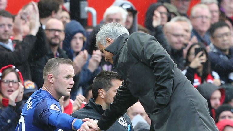 Wayne Rooney shakes hands with Jose Mourinho during Manchester United v Everton in the Premier League at Old Trafford