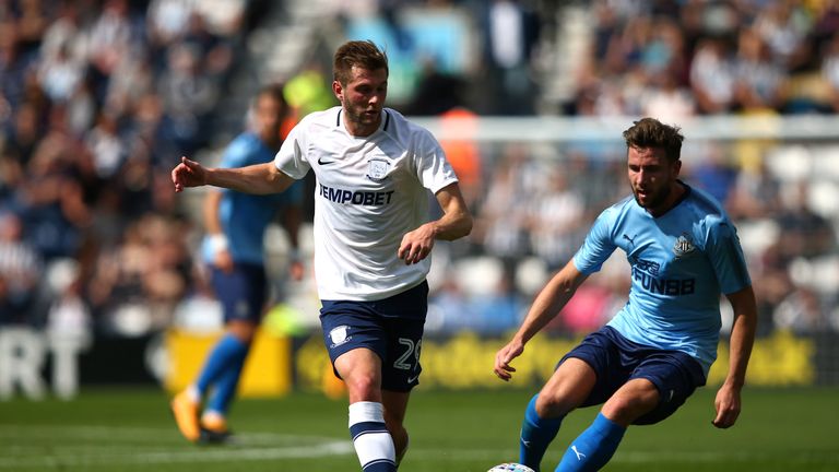 Tom Barkhuizen (L) in action during a pre-season friendly match between Preston North End and Newcastle United at Deepdale