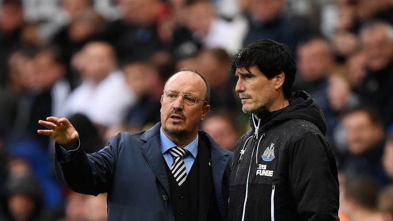 Rafael Benitez, Manager of Newcastle United, issues instructions to first-team coach Mikel Antia
