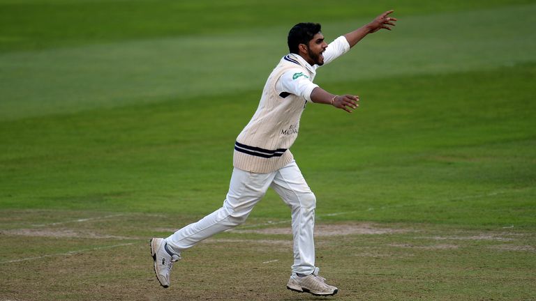 Ravi Patel of Middlesex celebrates the wicket of James Hildreth of Somerset