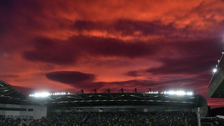 BELFAST, NORTHERN IRELAND - SEPTEMBER 04: A blood red sky overhead during the FIFA 2018 World Cup Qualifier between Northern Ireland and Czech Republic at 