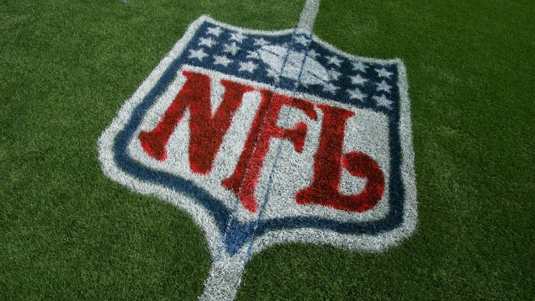Detail view of a logo of the National Football League is painted on the field